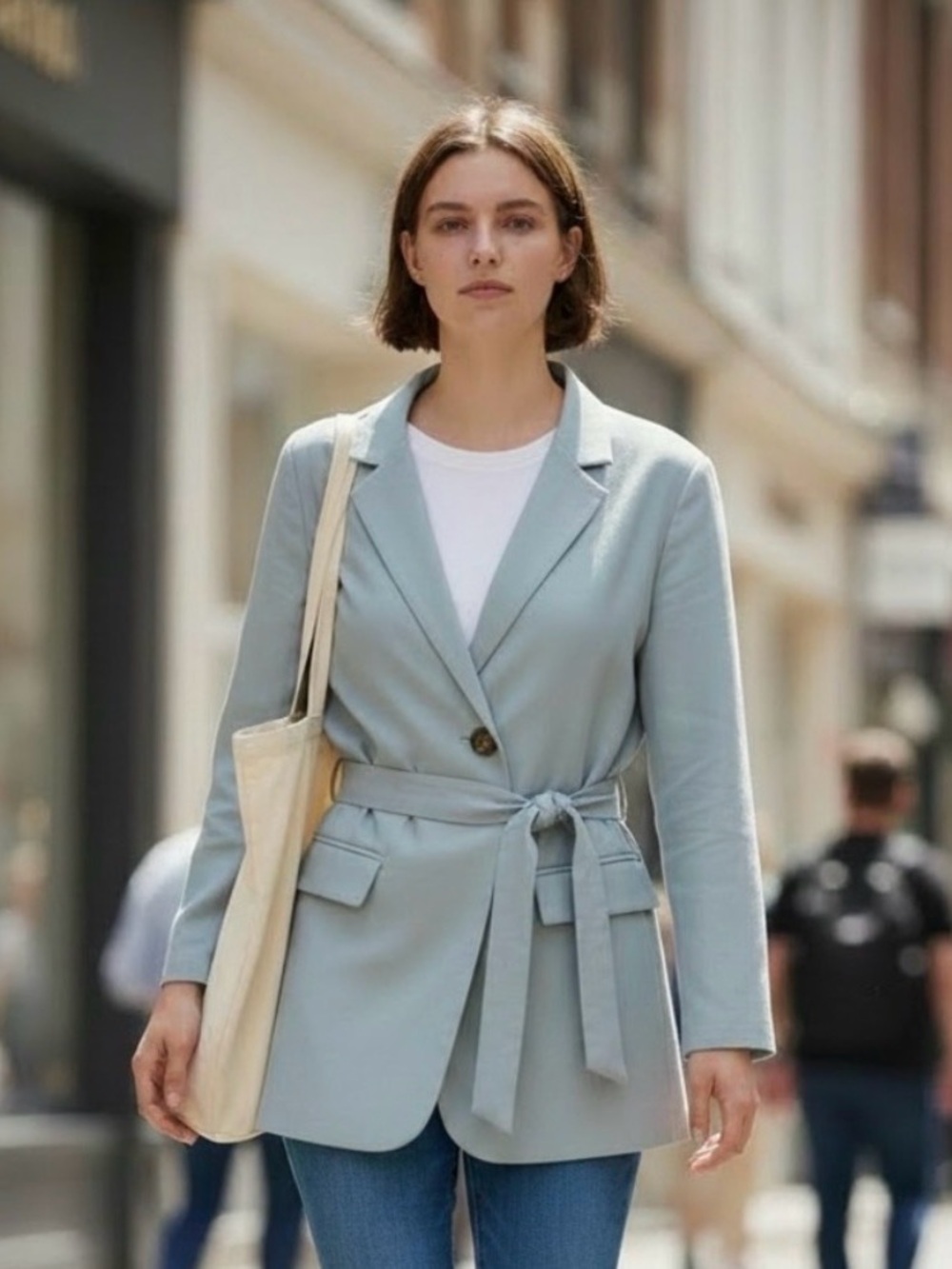 JustFab Baby Blue Belted Single-Button Blazer